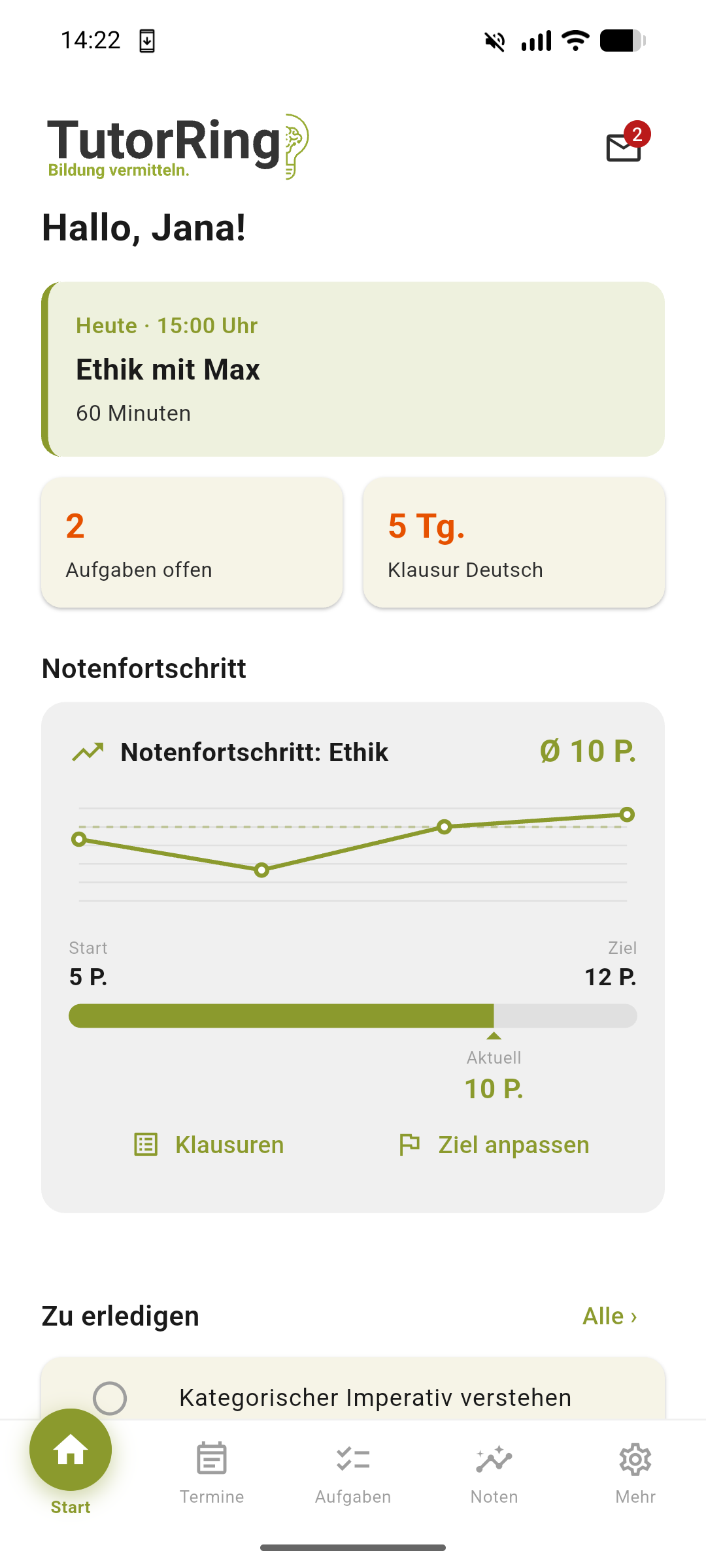 Startbildschirm der TutorRing App: die nächste Nachhilfestunde heute um 15:00 Uhr, zwei offene Aufgaben, eine Klausur in fünf Tagen und der Notenfortschritt mit Zielbalken.