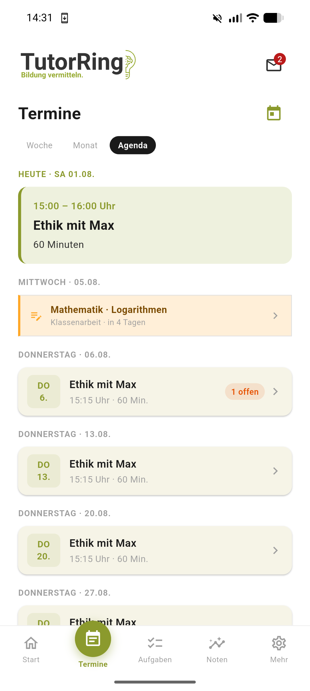 Termine der TutorRing App in der Agenda-Ansicht: die heutige Nachhilfestunde, darunter eine Klassenarbeit in vier Tagen und die kommenden Termine chronologisch sortiert.